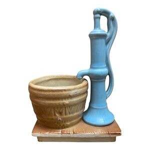 Morton Vintage Water Pump And Barrel Planter Pottery Piece Blue 1950s